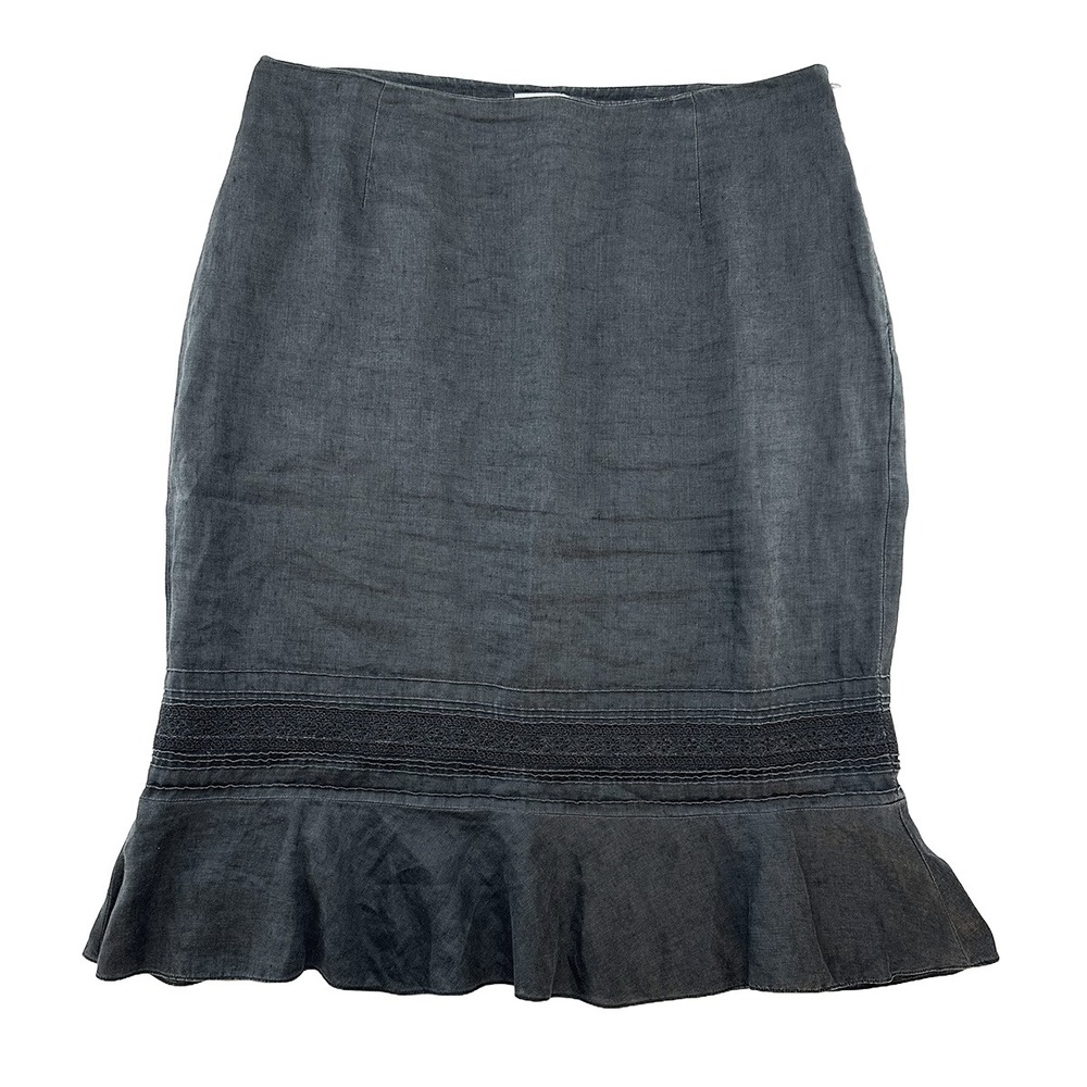 ANN TAYLOR LOFT 100% Linen Ruffle & Lace Midi Skirt • 12 • gray chic‎ preppy
